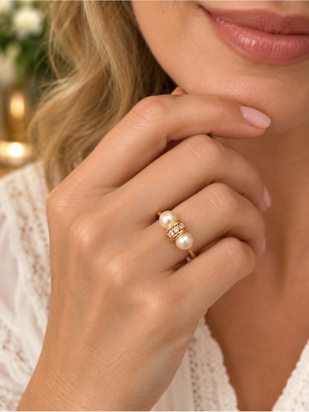Faux pearl and rhinestone ring